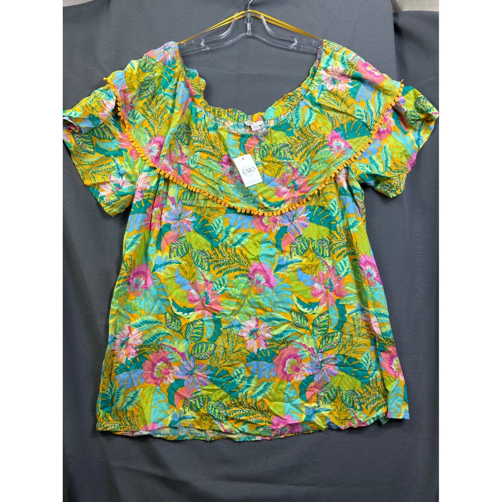 Cato Tropical Floral Ruffle Pom Pom Trim Off Shoulder Top Yellow Teal 18/20W